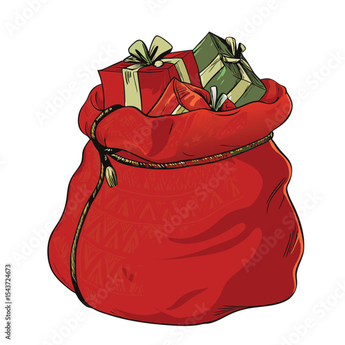 A vibrant, hand-drawn illustration of Santa's red sack overflowing with Christmas presents.