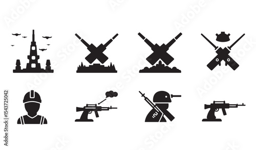 Collection of monochrome military and war related silhouettes and symbols for various projects