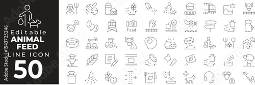 Animal feed set of web icons in line style. Livestock and pet nutrition linear icon collection. Containing hay, grains, feed bag, bowl, cattle, poultry, feeding trough and more. Editable stroke