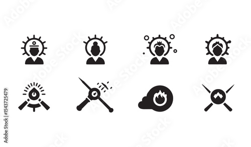 Collection of simple flat icons depicting people fire and various related elements