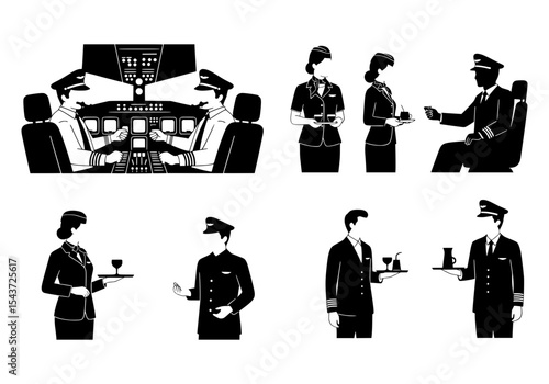 Vector silhouettes of pilots and flight attendants in various poses, isolated on white background