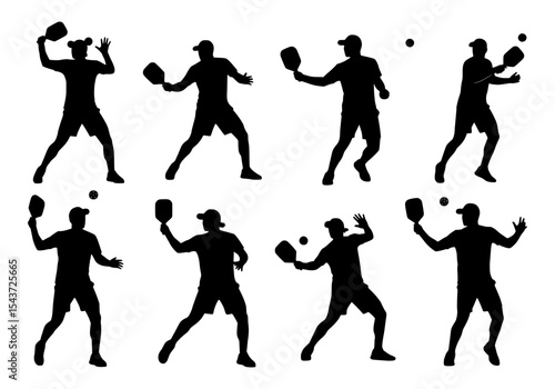Vector silhouettes of pickleball players in various actions isolated on white background