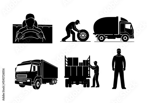 Vector six different truck and driver silhouettes isolated on white background