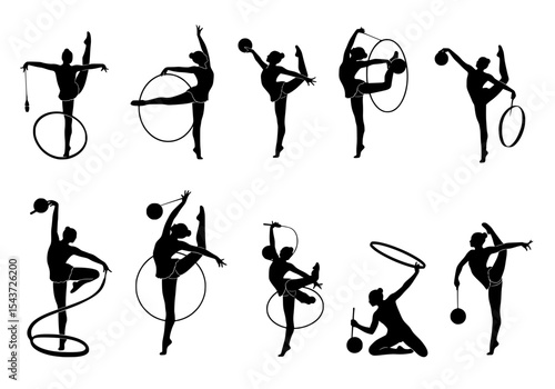 Vector silhouettes of rhythmic gymnasts with various apparatus, isolated on white background