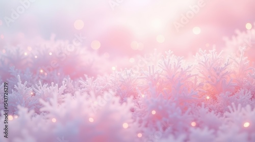Soft pink winter wonderland background with sparkling snowflakes and glowing lights