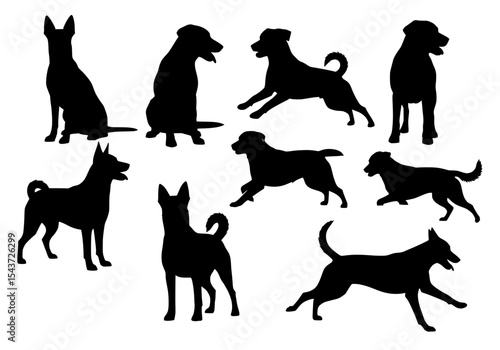 Vector ten dog silhouettes in various poses isolated on white background