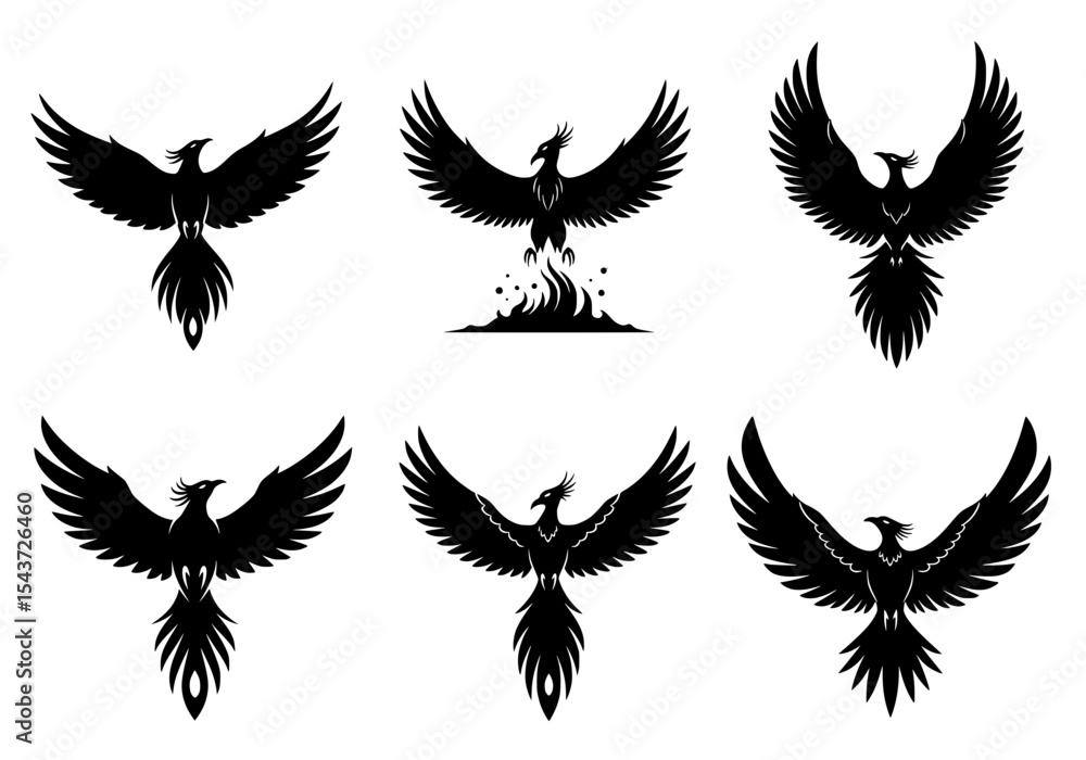 Obraz premium Vector set of phoenix silhouettes isolated on white background