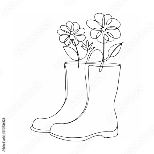 Line Art Rubber Boots with Flowers Simple Black and White Drawing
