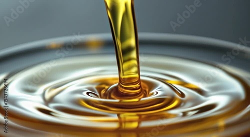 Close up slow motion pouring liquid golden oil creating beautiful surface ripples