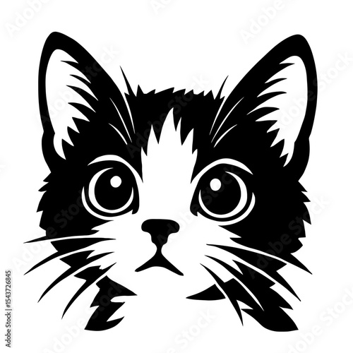 Adorable Black and White Vector Illustration of a Cute Cat Face with Big Eyes