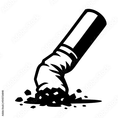 Black and White Vector Illustration of an Extinguished Cigarette Butt with Ash