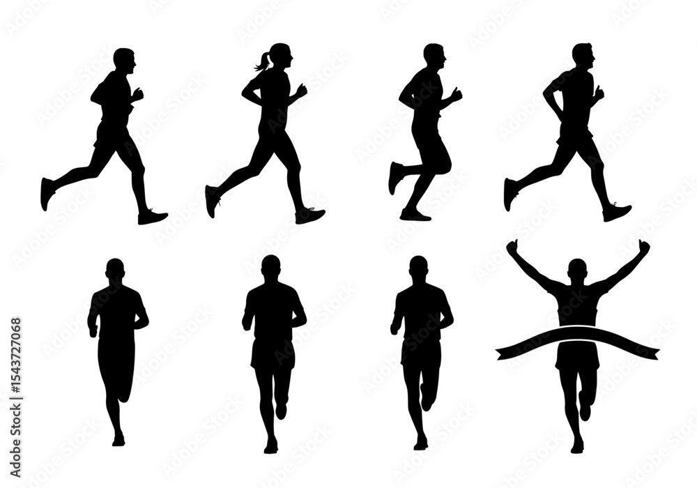 Obraz premium Vector silhouettes of runners in various running poses and a winner crossing the finish line isolated on white background