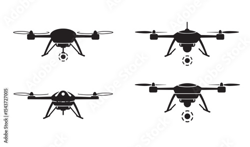 Set of drone silhouettes with cameras and propellers for aerial photography or videography