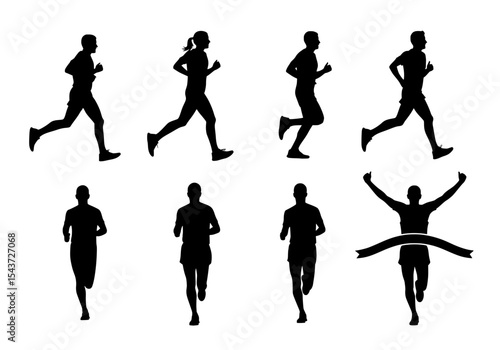Vector silhouettes of runners in various running poses and a winner crossing the finish line isolated on white background
