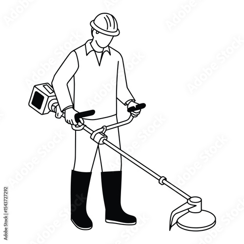 Worker Using a String Trimmer Line Art Illustration