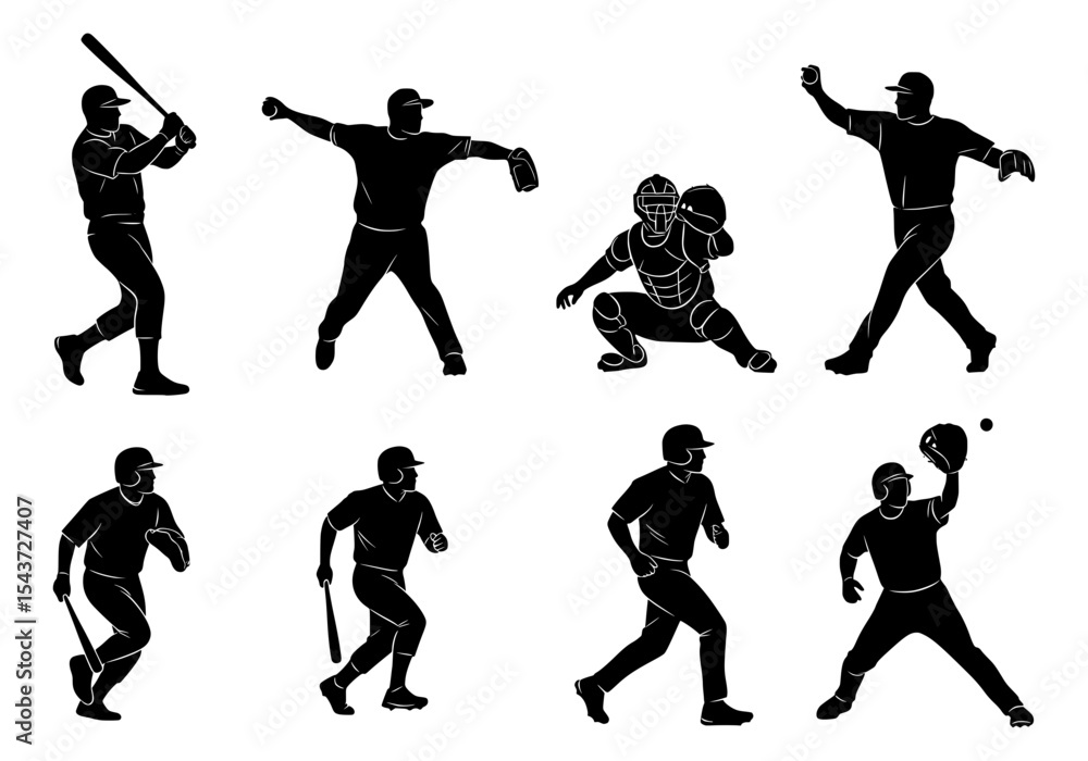 Fototapeta premium Vector silhouettes of baseball players in various actions isolated on white background