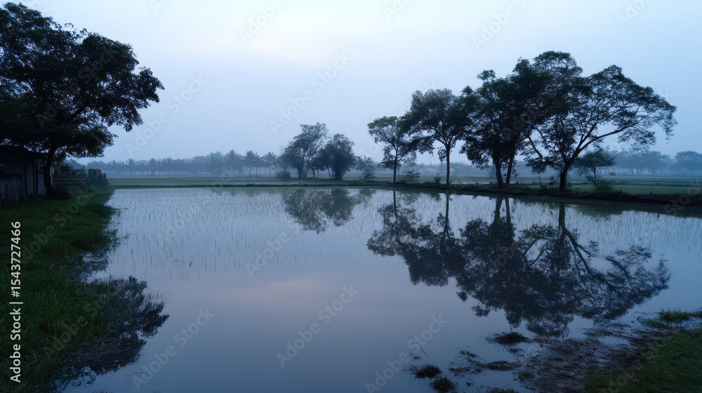 Obraz premium Serene Rice Field Reflected in Calm Water under Early Morning Fog and Drizzle Light