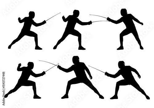 Vector silhouettes of fencers in various poses isolated on white background