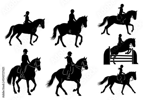 Vector silhouettes of riders and horses in various equestrian activities isolated on white background