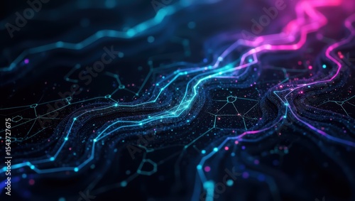 Abstract digital network data flow visualization with glowing lines and particles