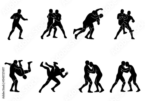 Vector silhouettes of wrestlers in various grappling positions isolated on white background