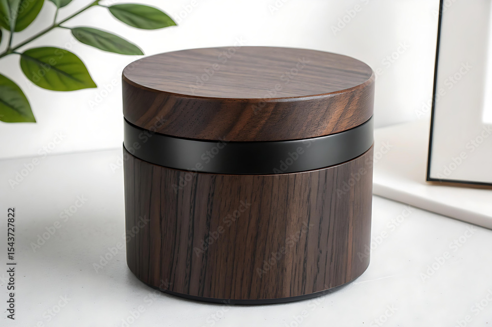 Dark wooden container jar on a table surface Dark wooden container jar on a table surface