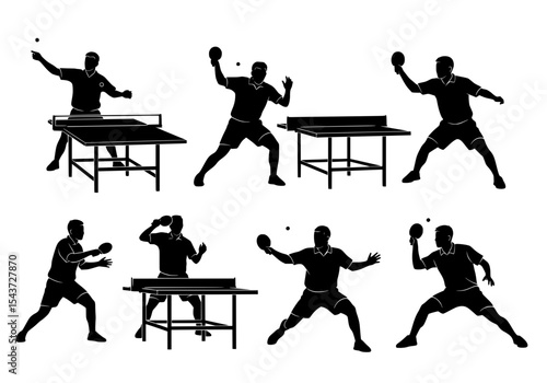 Vector silhouettes of table tennis players in various actions isolated on white background