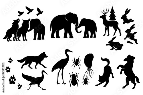 Wild animals vector silhouette collection including running horses, deer, and other farm and pet mammals like dogs, cats, and elephants