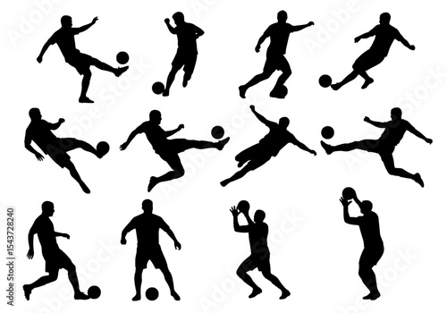 Vector isolated silhouettes of soccer players in various actions on white background