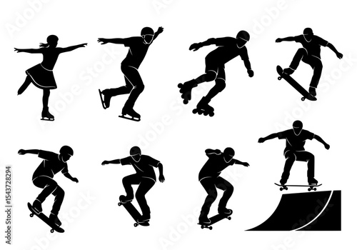 Vector silhouettes of people skateboarding, rollerblading, and ice skating isolated on white background