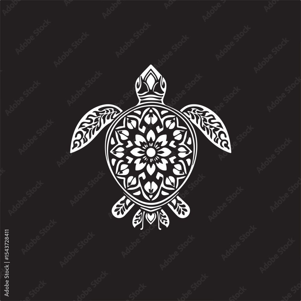 A classic black and white vector art print of a minimalist Mandala sea turtle silhouette. The design is symbolic, traditional tattoo style, with intricate ornamental details, showcasing a timeless A classic black and white vector art print of a minimalist Mandala sea turtle silhouette. The design is symbolic, traditional tattoo style, with intricate ornamental details, showcasing a timeless