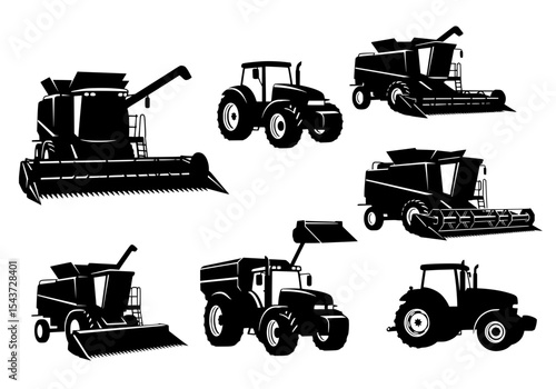 Vector silhouettes of tractors and harvesters isolated on white background