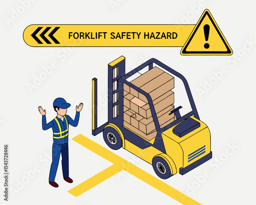Industrial workplace accident risk with overloaded forklift and shocked worker in unsafe cargo handling situation, isometric cartoon.