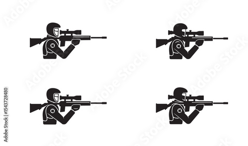 Silhouette of a sniper in uniform aiming a rifle with a scope in four different poses