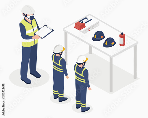 Industrial safety training scene showing workers learning to use chemical respirators correctly in an isometric format.