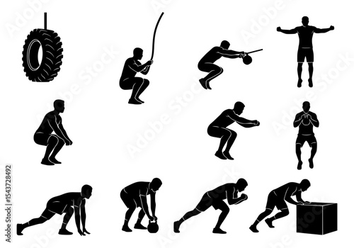 Vector various fitness exercises silhouettes isolated on white background