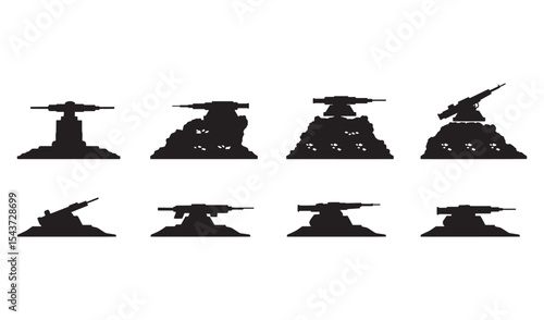 Silhouetted illustrations of military artillery weapons suitable for warfare or battlefield combat