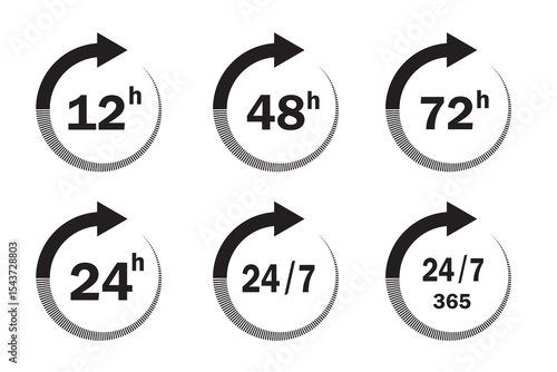 Hour icon set isolated on white background.  12, 24, 48 and 72 hours clock arrow sign. Working Hours, delivery service, order, business, Vector icon set. Vector illustration. 