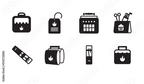 Simple black and white bbq related icons representing cooking tools and food preparation
