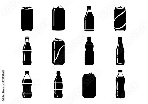 Vector collection of black silhouettes of cans and bottles isolated on white background