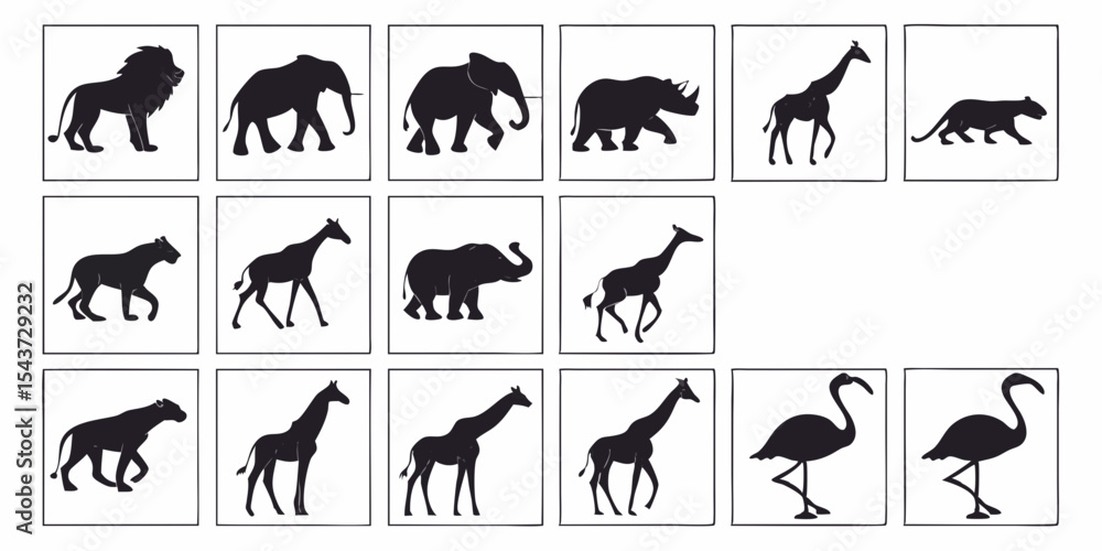 Fototapeta premium Black vector silhouette set of wild animals collection