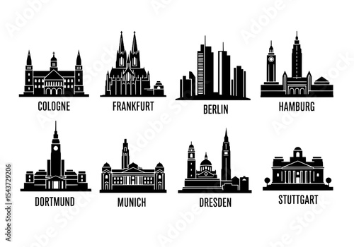Vector city skylines of major german cities isolated on white background