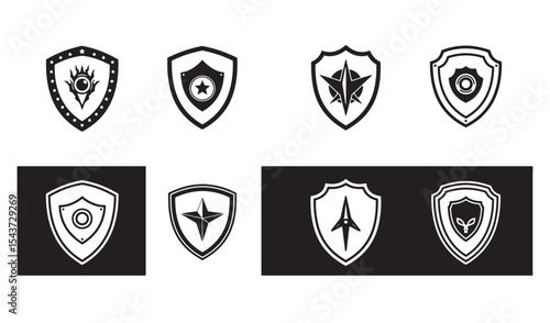 Vector illustration of collection of heraldic shields in monochrome designs for various graphic uses