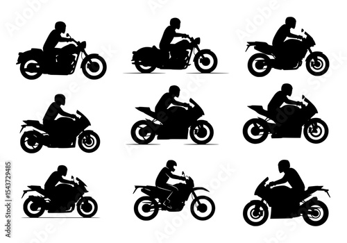Vector isolated silhouettes of motorcycles and riders on white background