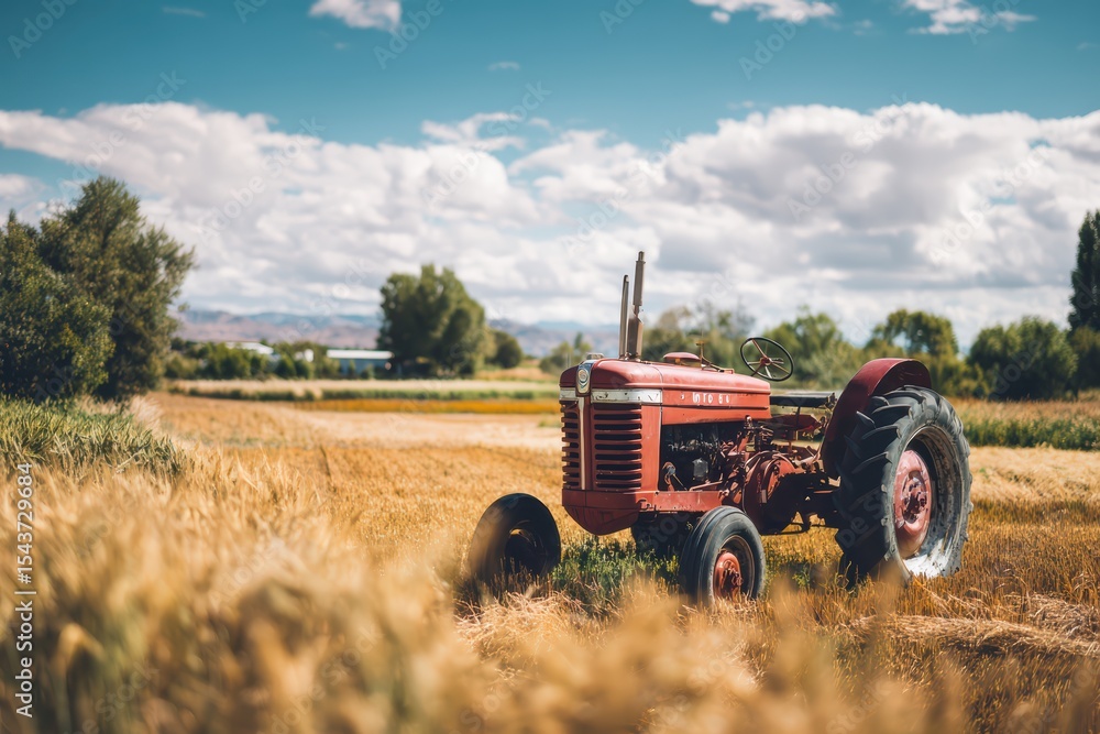 Obraz premium vintage red tractor parked in golden wheat field