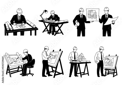 Vector silhouettes of architects and engineers working on blueprints isolated on white background