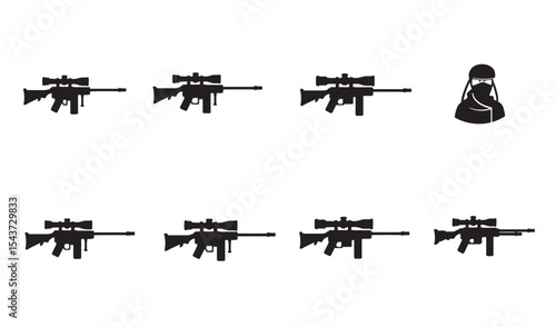 Vector illustration of snipers and silhouetted sniper rifles with isolated white background