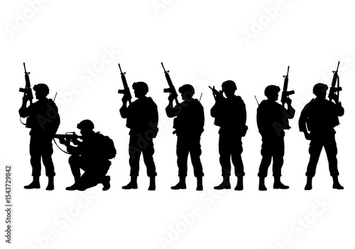 Vector silhouettes of soldiers in various poses isolated on white background