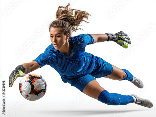 Female soccer player goalie dive mid-air to catch a ball on Isolated on white background