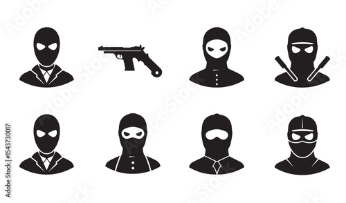 Vector illustration of various anonymous figures and a pistol weapon in monochrome style